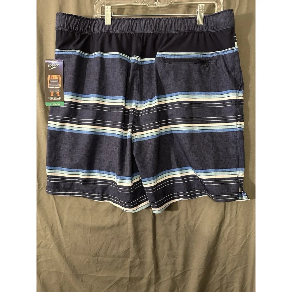 Speedo Men's Tech Volley Swim Shorts Trunks Comfort Liner Blue Striped XL NWT